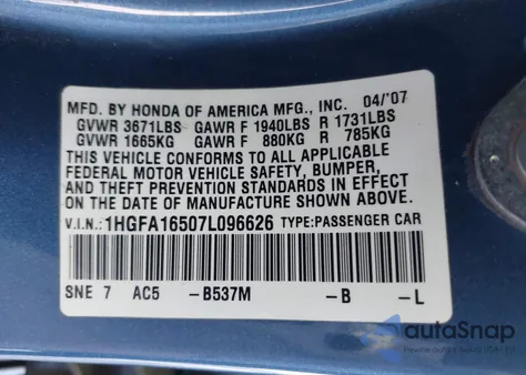 2007 Honda Civic Lx z USA, uszkodzony, nr VIN 1HGFA16507L096626